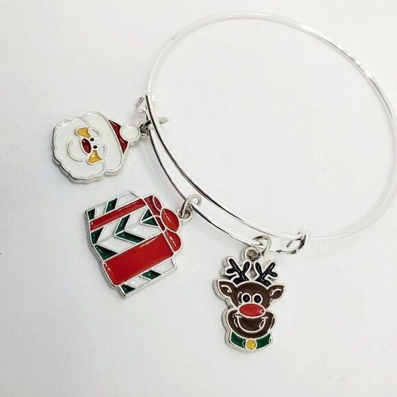 Christmas Santa, Present, and Reindeer Charm Bracelet, Silver Adjustable Jewelry - Picture 12 of 12